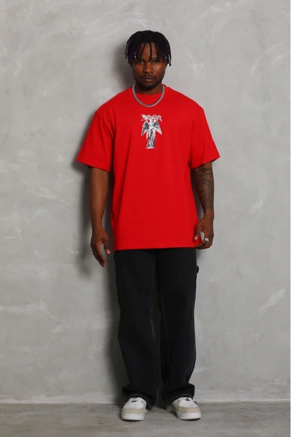 Unisex Oversize Baskılı Bisiklet Yaka T-Shirt - Kırmızı