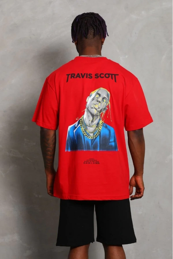 Unisex Oversize Baskılı Bisiklet Yaka T-Shirt - Kırmızı