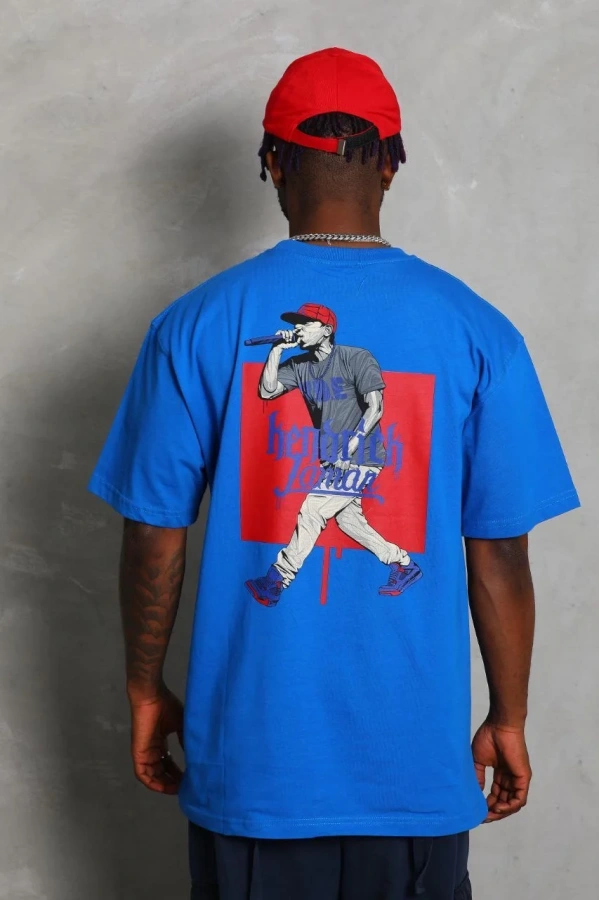 Unisex Oversize Baskılı Bisiklet Yaka T-Shirt - Mavi