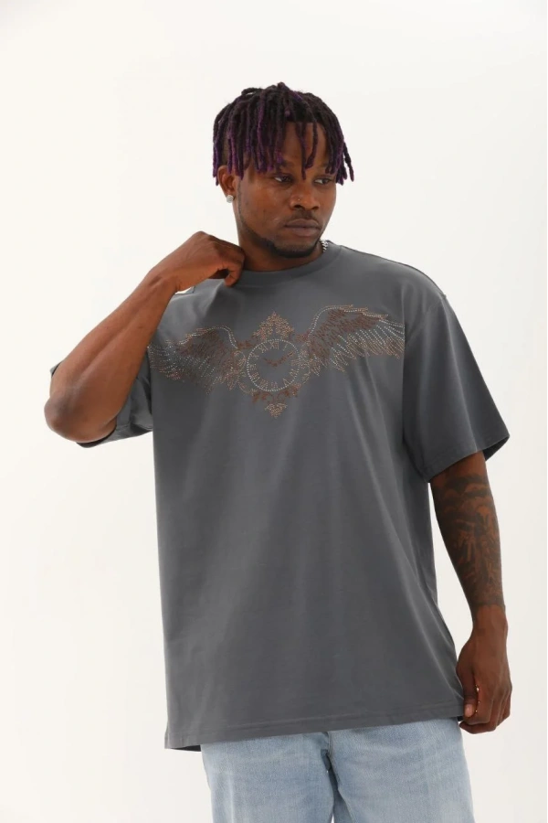 Unisex Oversize Taşlı Bisiklet Yaka T-Shirt - Füme