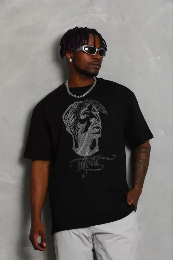 Unisex Oversize Taşlı Bisiklet Yaka T-Shirt - Siyah