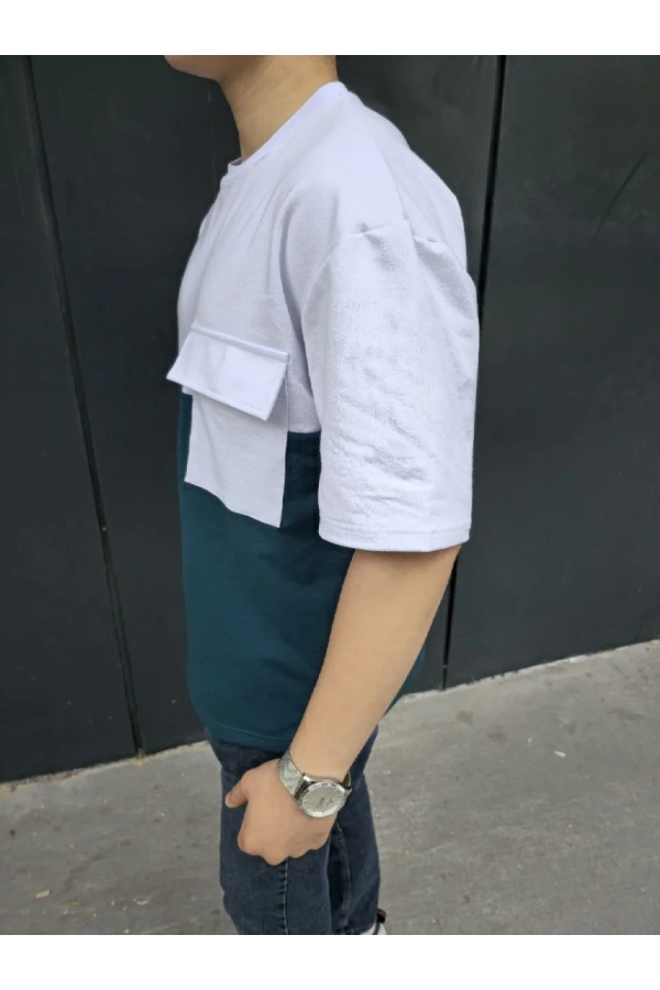 Unisex Torba Cep Detaylı Parçalı T-Shirt - Lacivert