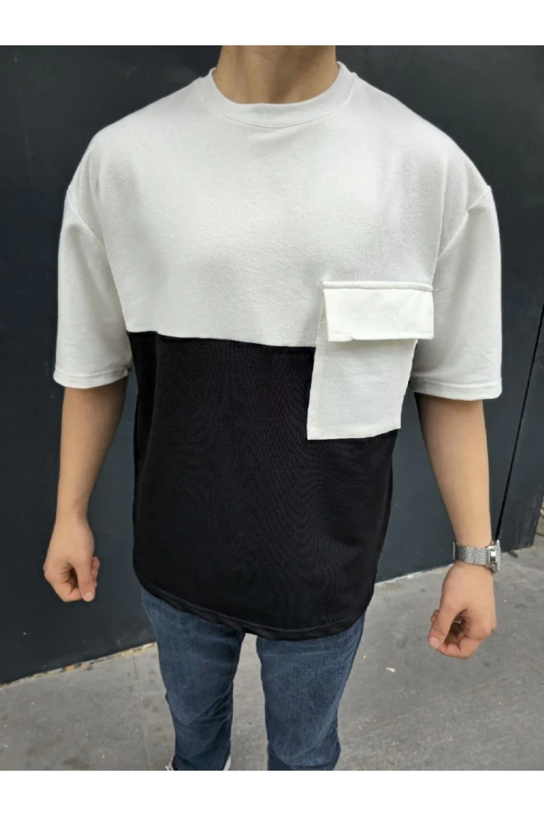 Unisex Torba Cep Detaylı Parçalı T-Shirt - Siyah