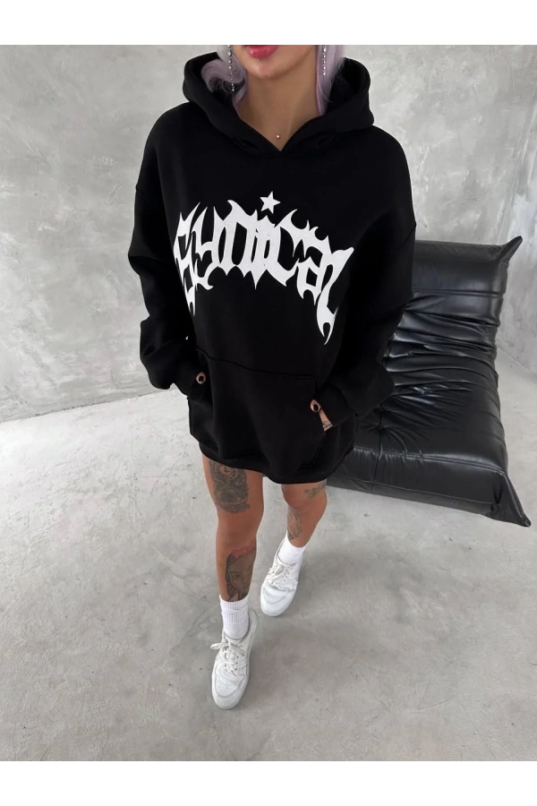 Unisex Üç İplik Kapüşonlu Baskılı SweatShirt - Siyah