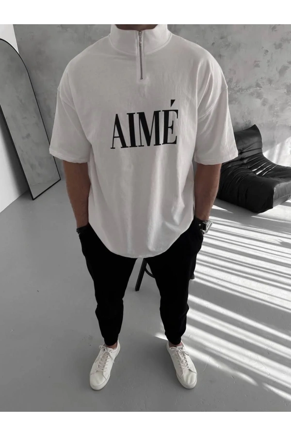 Unisex Yarım Fermuarlı Baskılı T-Shirt - Beyaz
