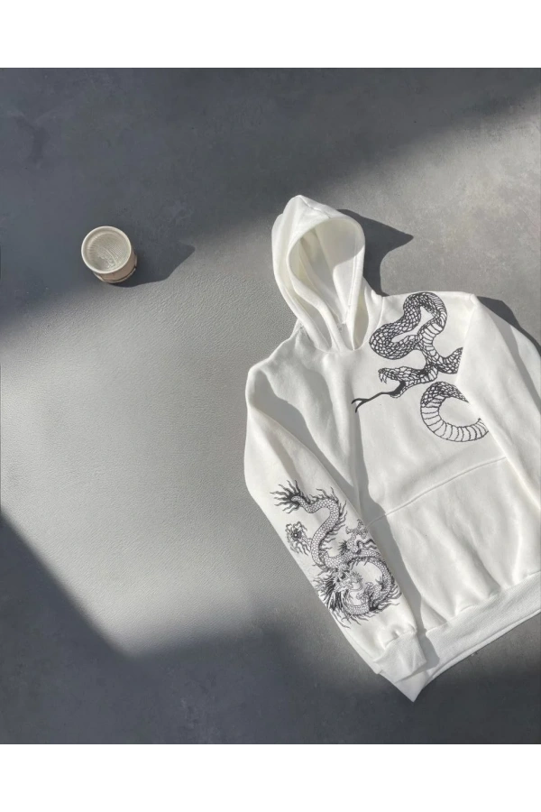 Uzun Kol Kapüşonlu Baskılı SweatShirt - Beyaz