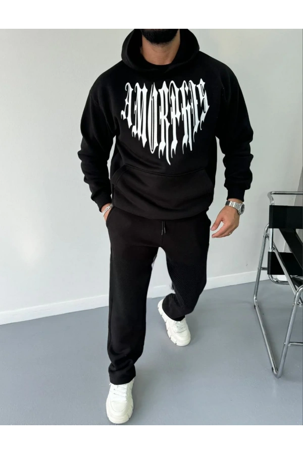 Uzun Kol Kapüşonlu Baskılı SweatShirt - Siyah