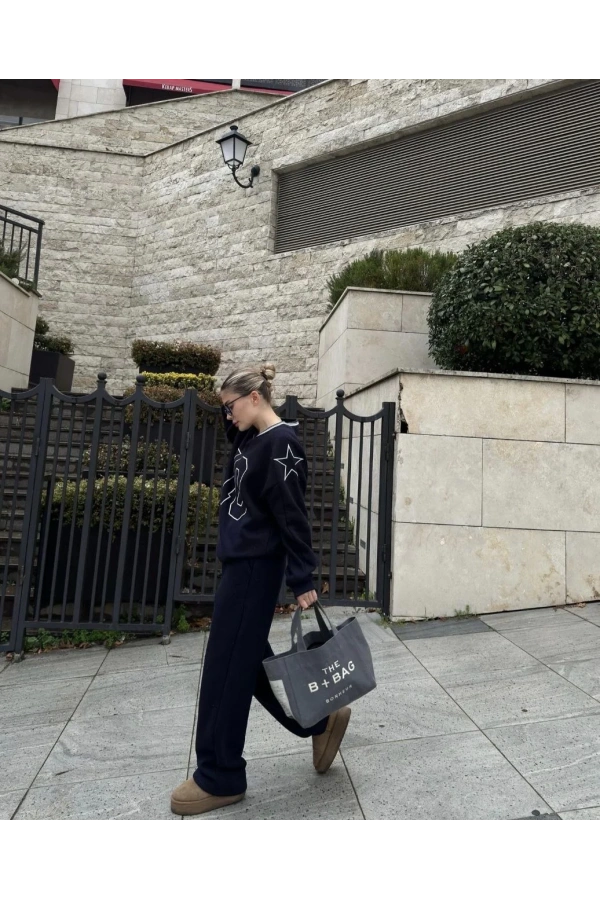 V Yaka Üç İplik Sweat Takım - Siyah