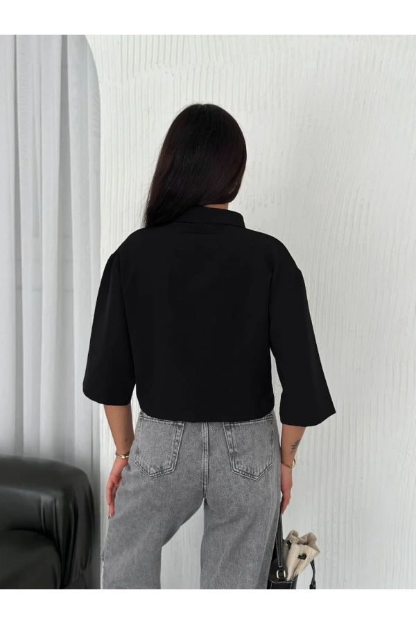 Z Krep Kadın Crop Yakalı Gömlek İlik Düğmeli Üç Çeyrek Sleeve Kol - Siyah