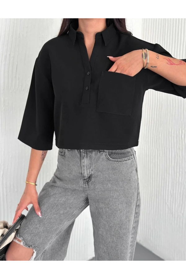 Z Krep Kadın Crop Yakalı Gömlek İlik Düğmeli Üç Çeyrek Sleeve Kol - Siyah