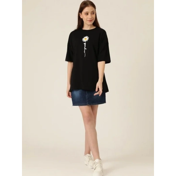 Kadın Papatya Baskılı T-Shirt Kısa Kol Bisiklet Yaka Oversize  Tişört - Siyah