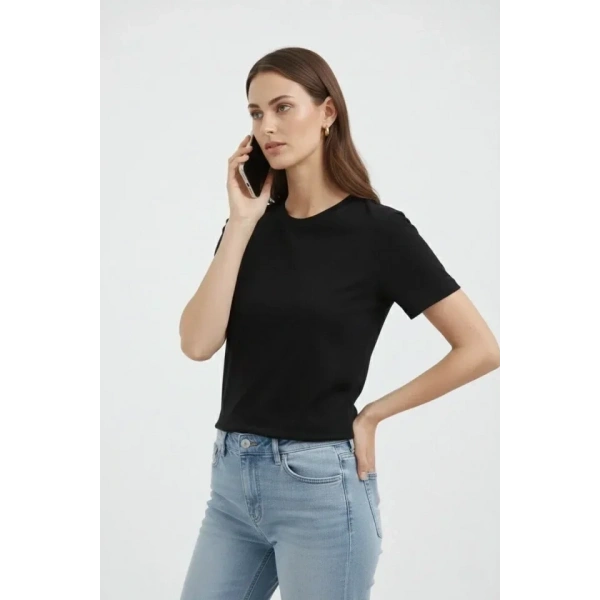 Bisiklet Yaka Tişört Regular Kalıp Basic Pamuklu Günlük Kullanım T-shirt - Siyah