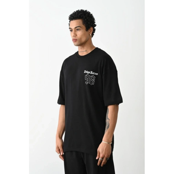 Erkek Kısa Kol Yazlık Tişört Bisiklet Yaka Baskılı Oversize T-Shirt - Siyah