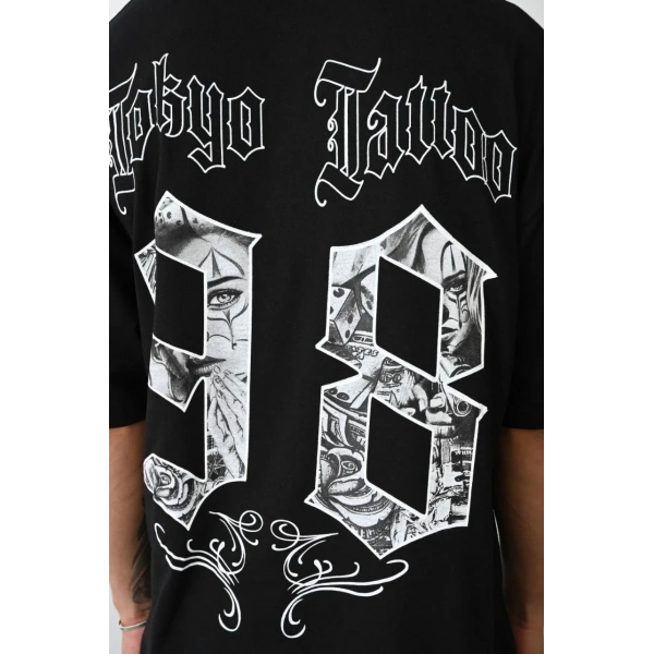 Erkek Kısa Kol Yazlık Tişört Bisiklet Yaka Baskılı Oversize T-Shirt - Siyah