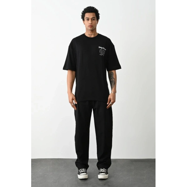 Erkek Kısa Kol Yazlık Tişört Bisiklet Yaka Baskılı Oversize T-Shirt - Siyah