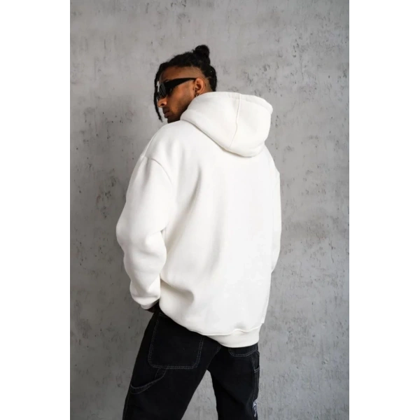 Erkek 3 İplik Pamuklu Kapüşonlu Cepli Düz Hoodie Sweatshirt - Beyaz
