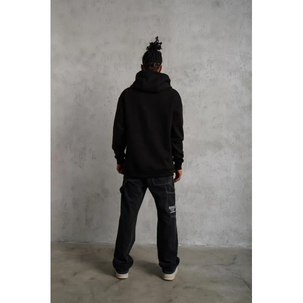 Erkek 3 İplik Pamuklu Kapüşonlu Cepli Düz Hoodie Sweatshirt - Siyah