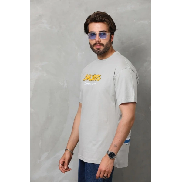Erkek Kısa Kol Yazlık Tişört Bisiklet Yaka Baskılı Oversize T-Shirt - Gri