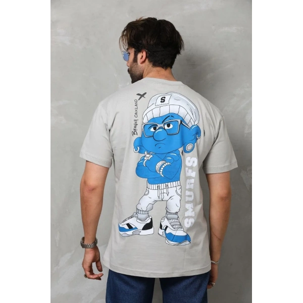 Erkek Kısa Kol Yazlık Tişört Bisiklet Yaka Baskılı Oversize T-Shirt - Gri