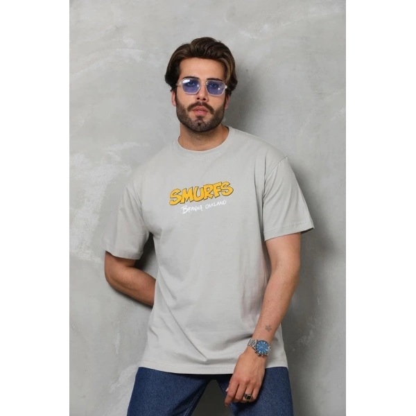 Erkek Kısa Kol Yazlık Tişört Bisiklet Yaka Baskılı Oversize T-Shirt - Gri