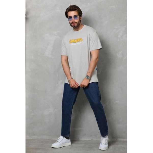 Erkek Kısa Kol Yazlık Tişört Bisiklet Yaka Baskılı Oversize T-Shirt - Gri