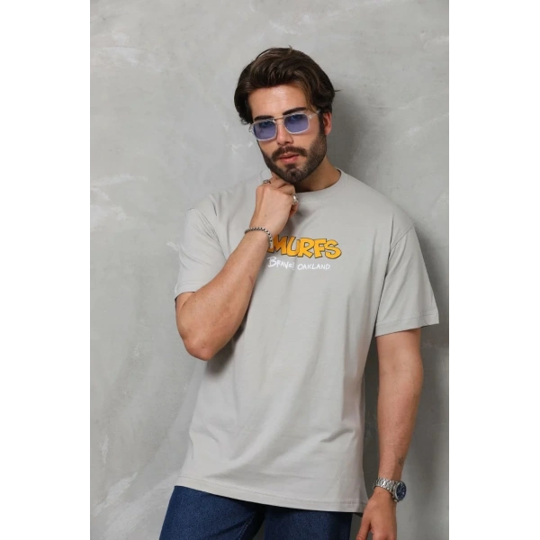 Erkek Kısa Kol Yazlık Tişört Bisiklet Yaka Baskılı Oversize T-Shirt - Gri