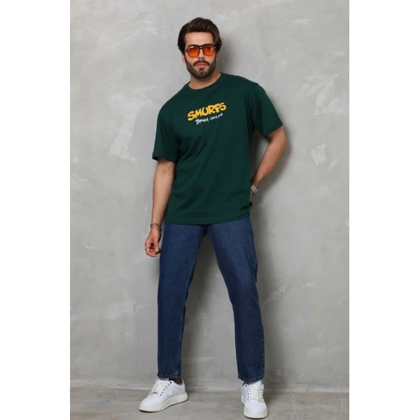 Erkek Kısa Kol Yazlık Tişört Bisiklet Yaka Baskılı Oversize T-Shirt - Yeşil