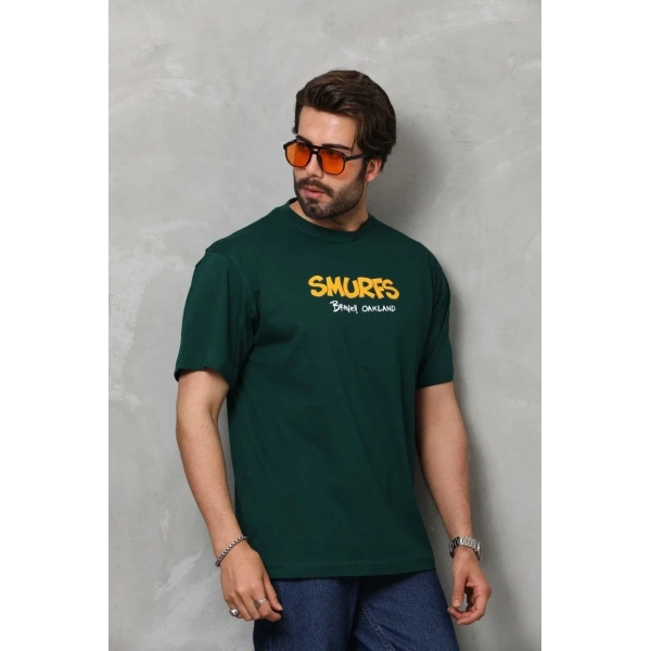 Erkek Kısa Kol Yazlık Tişört Bisiklet Yaka Baskılı Oversize T-Shirt - Yeşil