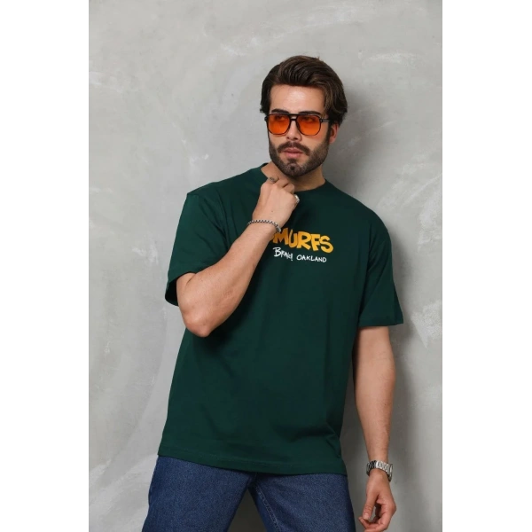 Erkek Kısa Kol Yazlık Tişört Bisiklet Yaka Baskılı Oversize T-Shirt - Yeşil