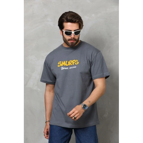 Erkek Kısa Kol Yazlık Tişört Bisiklet Yaka Baskılı Oversize T-Shirt - Füme