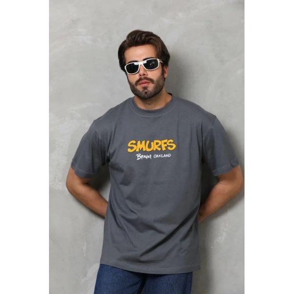 Erkek Kısa Kol Yazlık Tişört Bisiklet Yaka Baskılı Oversize T-Shirt - Füme