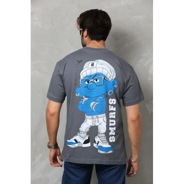 Erkek Kısa Kol Yazlık Tişört Bisiklet Yaka Baskılı Oversize T-Shirt - Füme