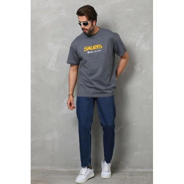 Erkek Kısa Kol Yazlık Tişört Bisiklet Yaka Baskılı Oversize T-Shirt - Füme