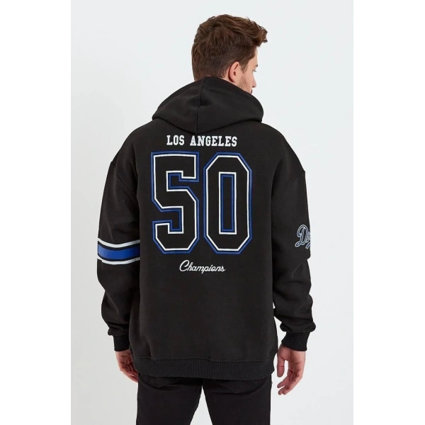 Erkek 3 İplik Pamuklu Kapüşonlu Baskılı Cepli Oversize Sweatshirt Hoodie - Siyah