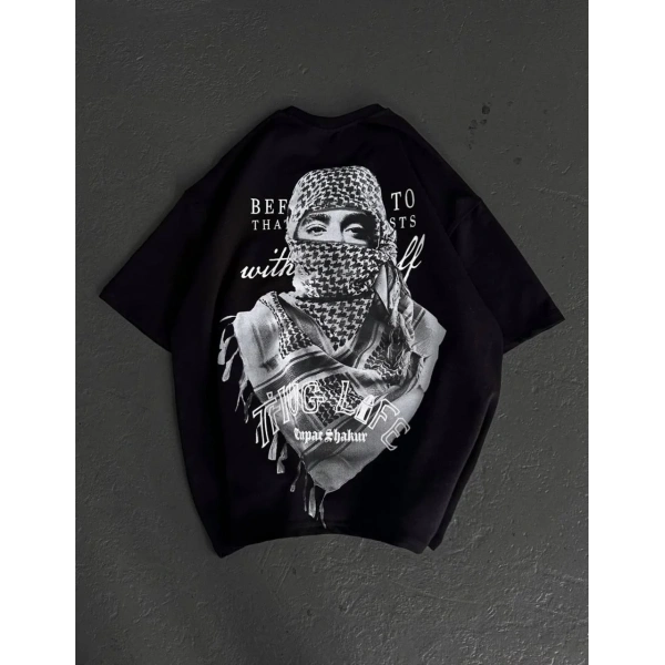 Erkek Kısa Kol Tişört Bisiklet Yaka Filistin Poşulu Baskılı T-Shirt - Siyah