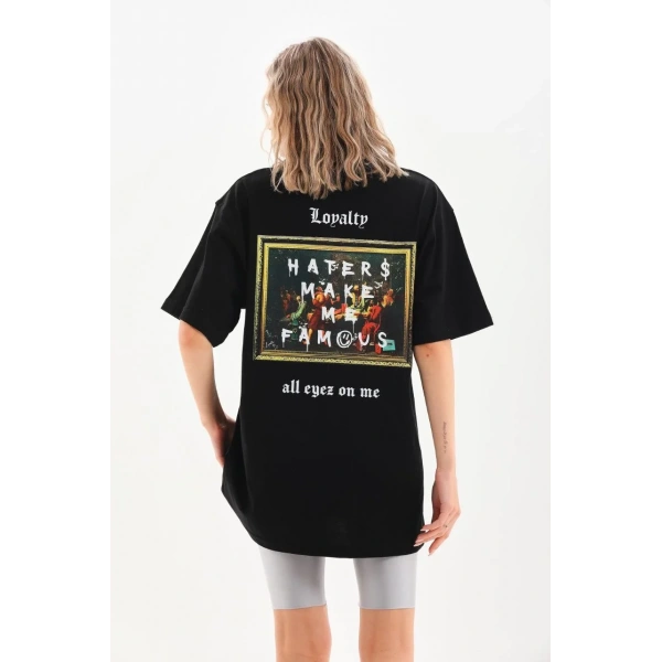 Kadın Kısa Kol Yazlık Tişört Bisiklet Yaka Baskılı Oversize T-Shirt - Siyah