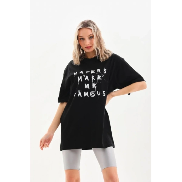 Kadın Kısa Kol Yazlık Tişört Bisiklet Yaka Baskılı Oversize T-Shirt - Siyah