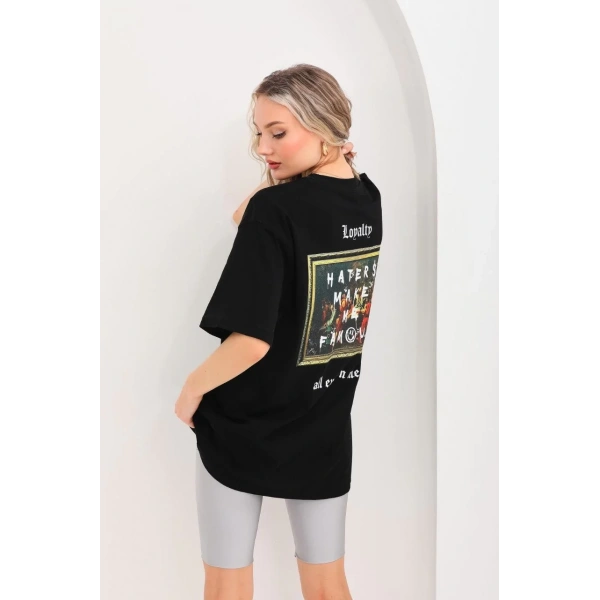 Kadın Kısa Kol Yazlık Tişört Bisiklet Yaka Baskılı Oversize T-Shirt - Siyah