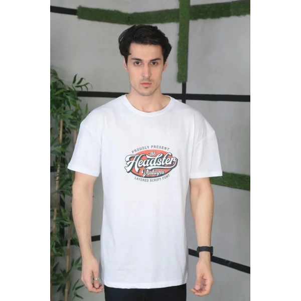 Erkek Baskılı T-Shirt Kısa Kol Bisiklet Yaka Regular Fit Rahat Kalıp Günlük Tişört - Beyaz