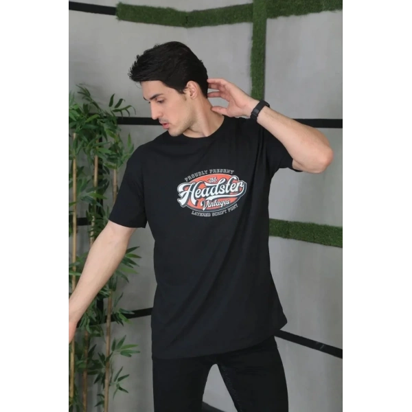 Erkek Baskılı T-Shirt Kısa Kol Bisiklet Yaka Regular Fit Rahat Kalıp Günlük Tişört - Siyah