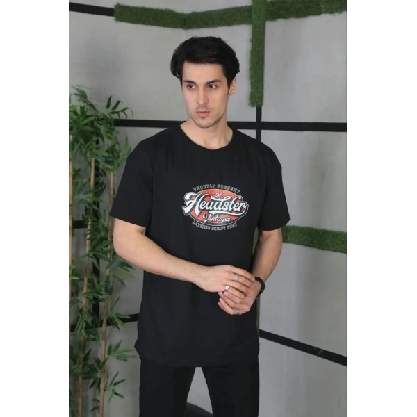 Erkek Baskılı T-Shirt Kısa Kol Bisiklet Yaka Regular Fit Rahat Kalıp Günlük Tişört - Siyah