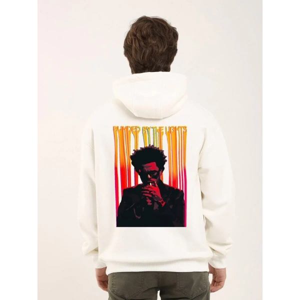 Erkek 3 İplik Pamuklu Kapüşonlu Baskılı Cepli Oversize Sweatshirt Hoodie - Beyaz
