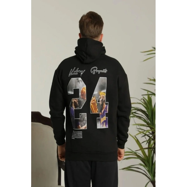Erkek 3 İplik Pamuklu Kapüşonlu Baskılı Cepli Oversize Sweatshirt Hoodie - Siyah