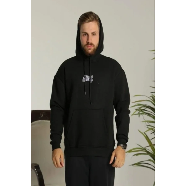 Erkek Baskılı Oversize Üç İplik Kapüşonlu Sweatshirt - Siyah