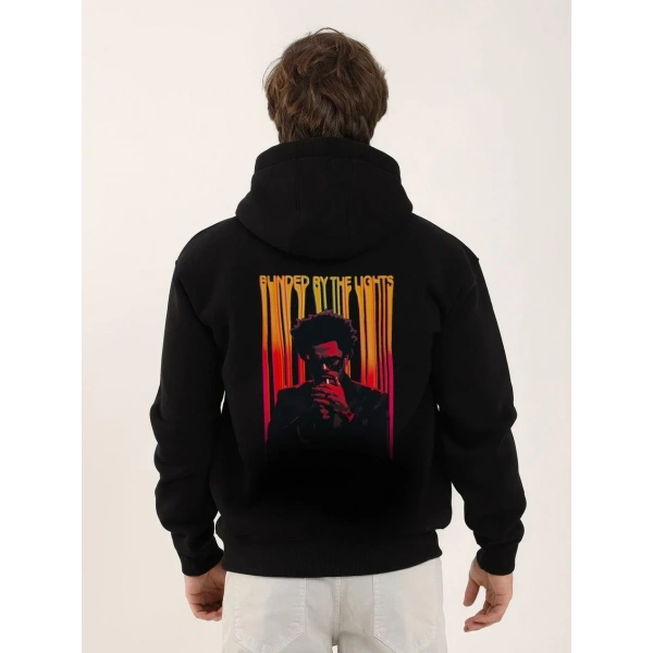Erkek 3 İplik Pamuklu Kapüşonlu Baskılı Cepli Oversize Sweatshirt Hoodie - Siyah