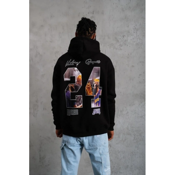Erkek 3 İplik Pamuklu Kapüşonlu Baskılı Cepli Oversize Sweatshirt Hoodie - Siyah
