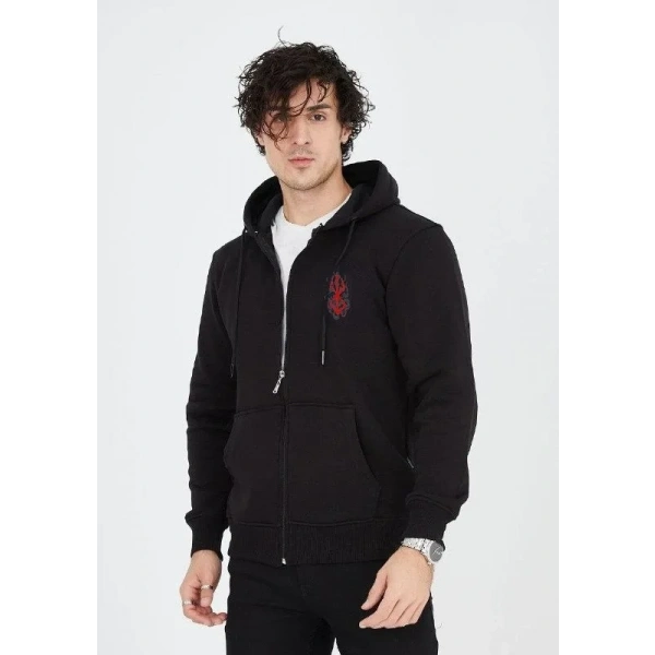 Erkek 3 İplik Pamuklu Kapüşonlu Tam Fermuarlı Cepli Hoodie Sweatshirt - Siyah