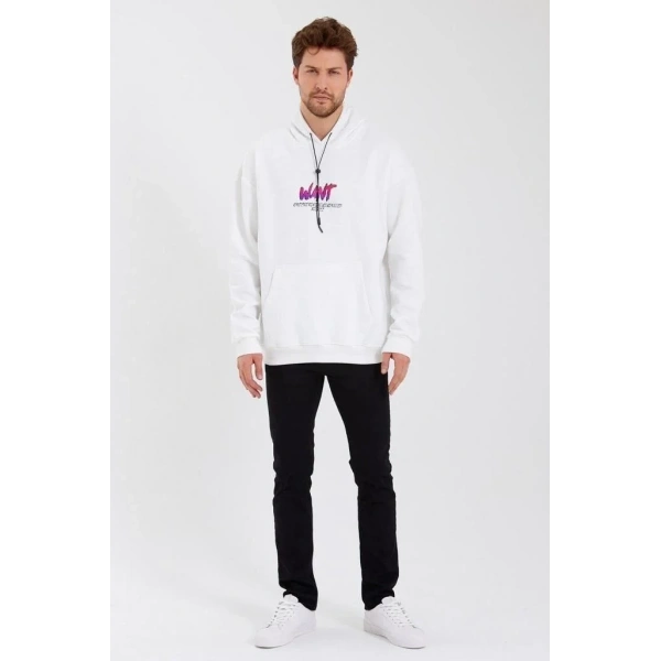 Erkek 3 İplik Pamuklu Kapüşonlu Baskılı Cepli Oversize Sweatshirt Hoodie - Beyaz