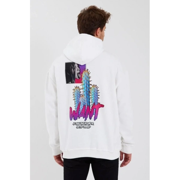 Erkek 3 İplik Pamuklu Kapüşonlu Baskılı Cepli Oversize Sweatshirt Hoodie - Beyaz