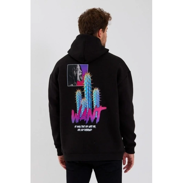 Erkek 3 İplik Pamuklu Kapüşonlu Baskılı Cepli Oversize Sweatshirt Hoodie - Siyah